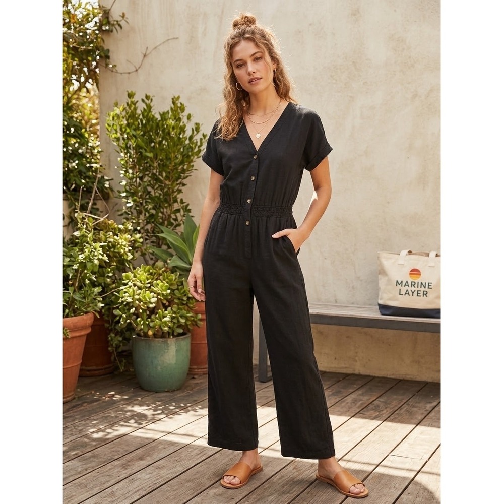 Marine Layer Black Tencel Button Front Smocked Waist Jumpsuit Small 17162